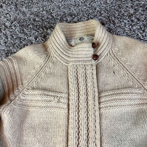 Vintage Cable Knit Cardigan Sweater Mens Womens Medium M Beige Pure Wool 70s 80s - Picture 2 of 16
